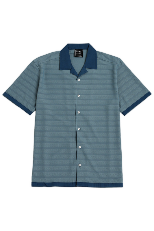 Blue Textured Fabric Cuban Shirt